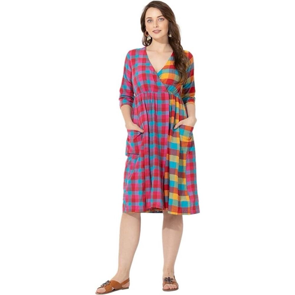 Valor Plaid Midi Dress Large Women Cotton Surplice A Line Pockets Cottagecore